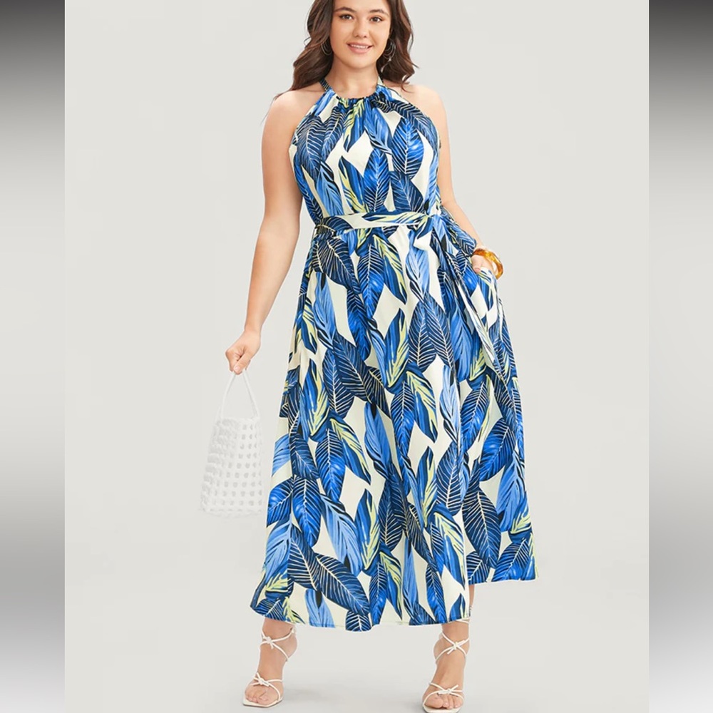 Tropical Print Knotted Pocket Ruffles Belted Halter Dress